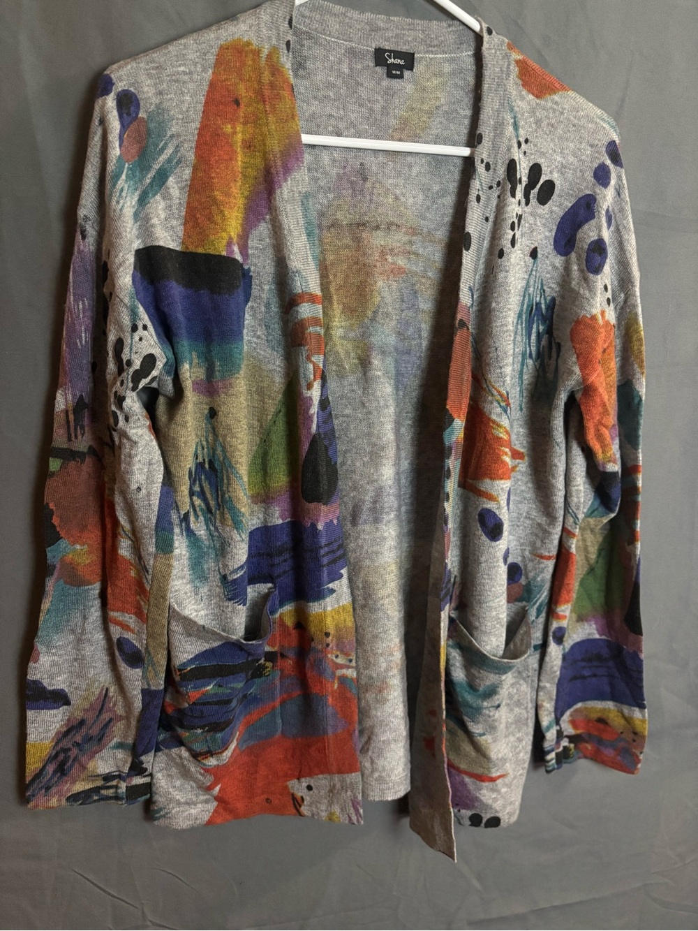 Open-Front Abstract Print Cardigan Sweater - Gray Multicolor